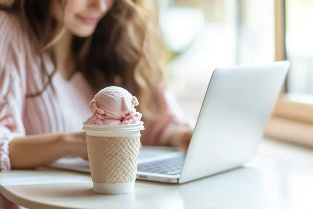 Blogger writing a National Ice Cream Day post on a laptop