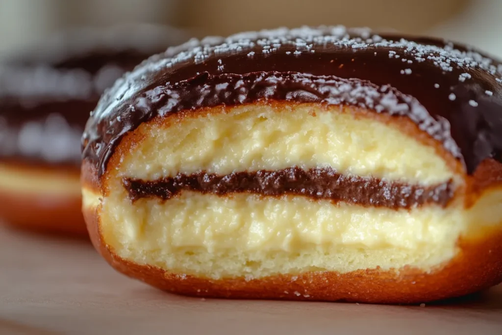 Boston Kreme donut cut in half showing custard