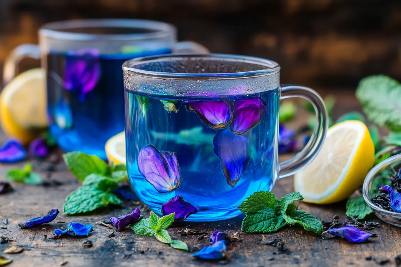 Blue and purple Brazilian mounjaro tea with butterfly pea flower in glass mugs