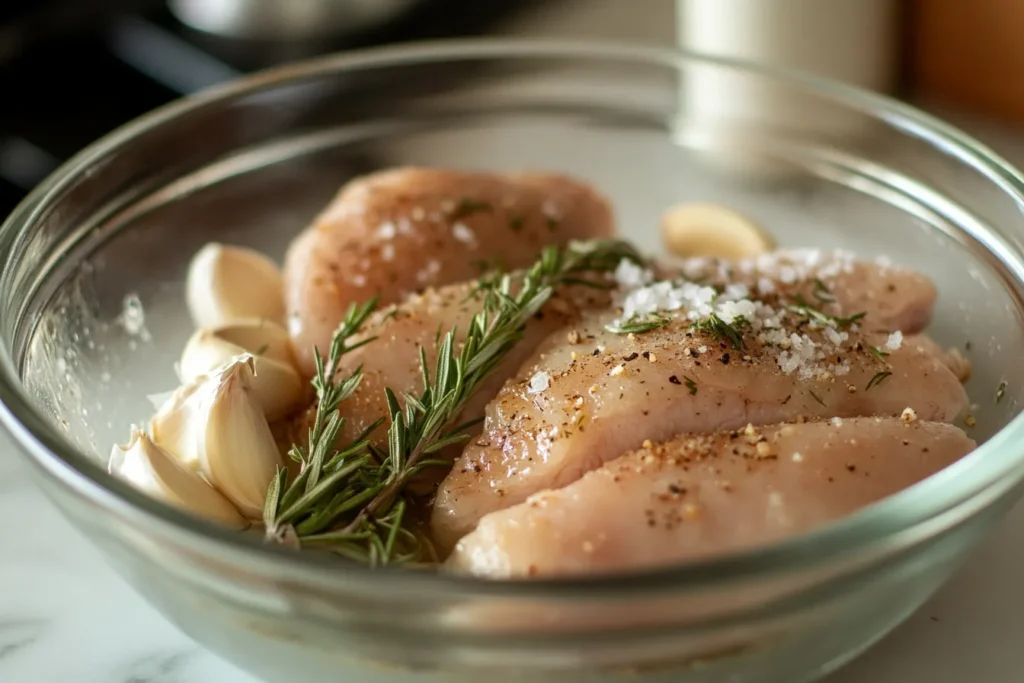 Raw chicken breasts being brined in a bowl