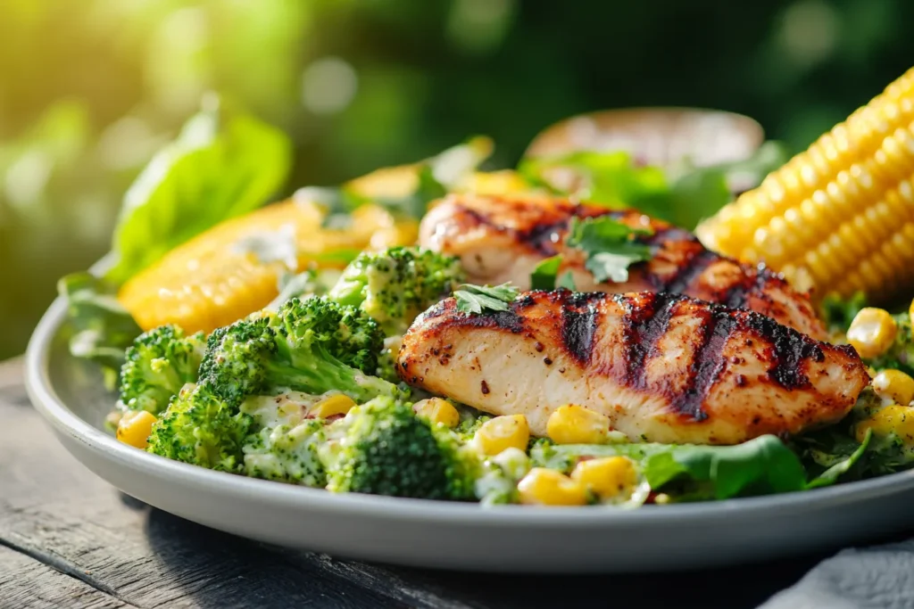 Broccoli salad served with grilled chicken