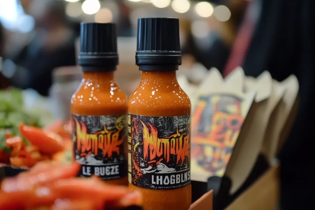 “Hot Ones and Lime House branded sauce bottles on display”