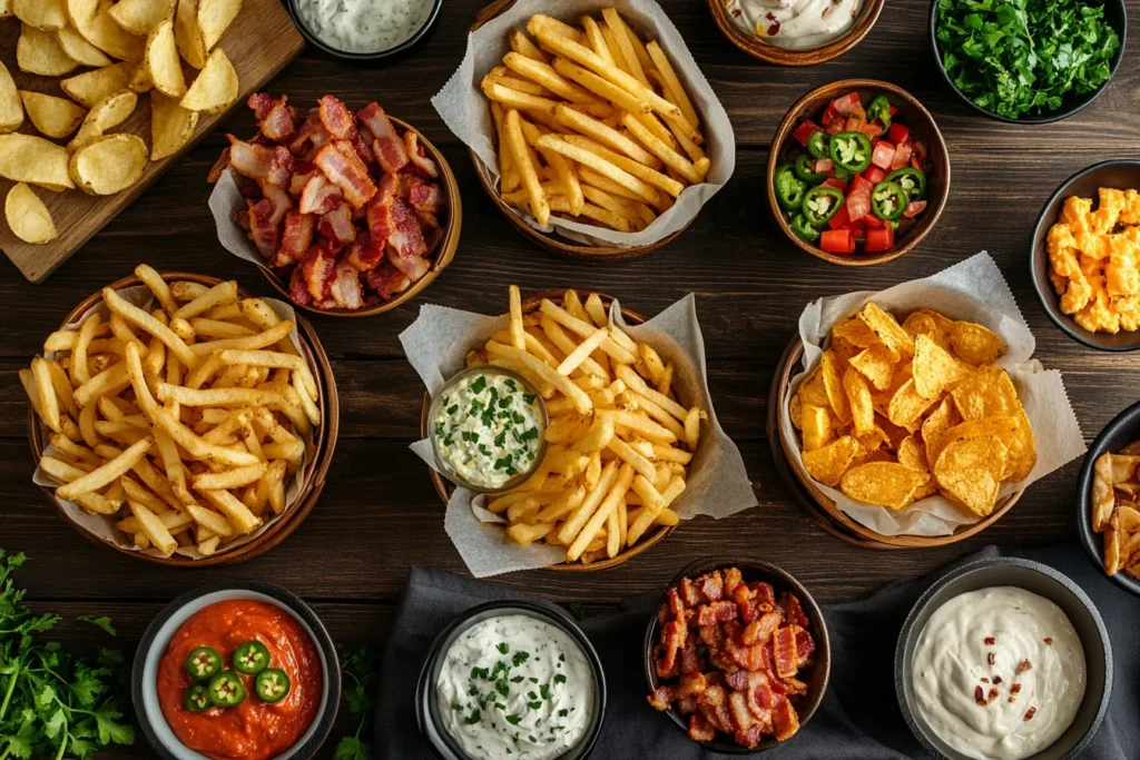 DIY French fry party setup with toppings and sauces