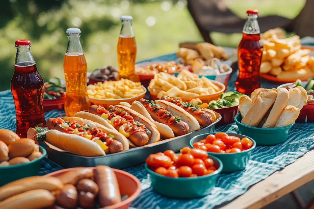 Backyard hot dog bar setup with various toppings