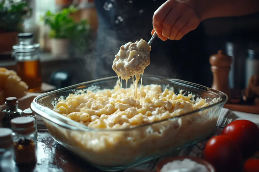 A hand layering mac and cheese over a meatloaf base in a baking dish