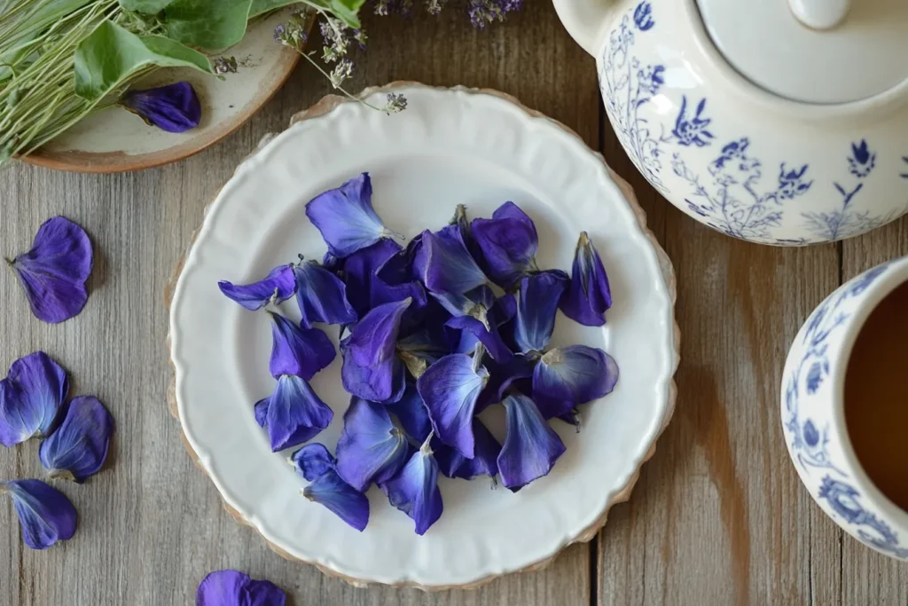 Close-up of dried butterfly pea flowers and fresh petals