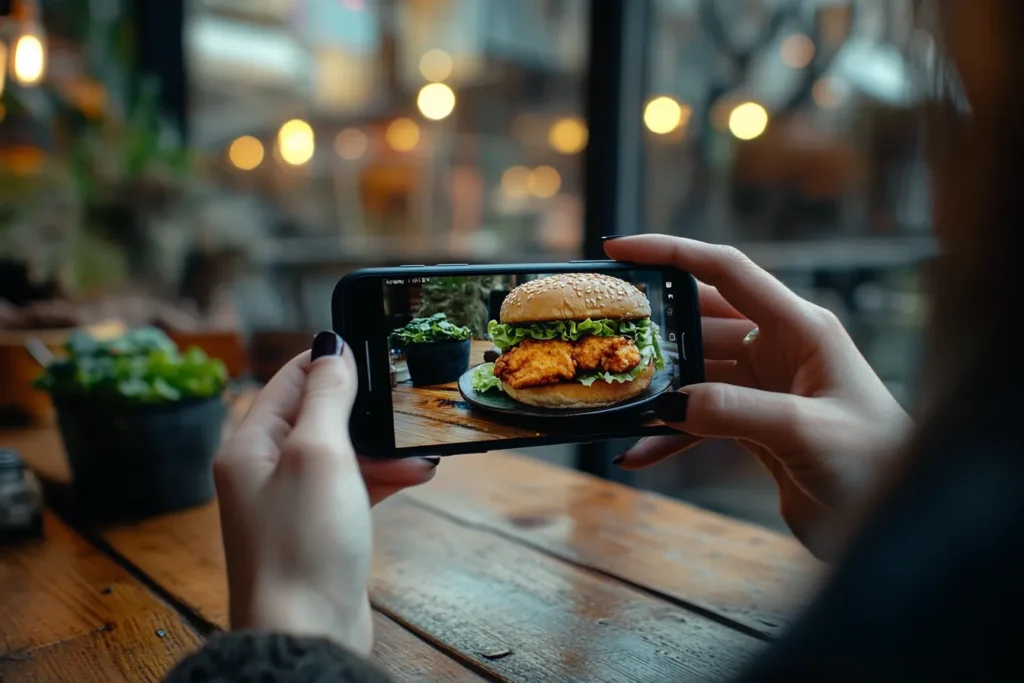 “Chicken sandwich photo being taken with a smartphone”