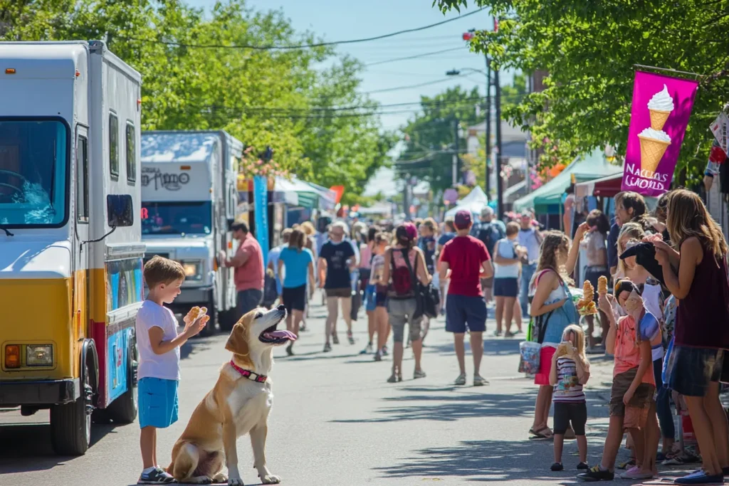 Dog eating a pup-cup and people enjoying ice cream at a street event
