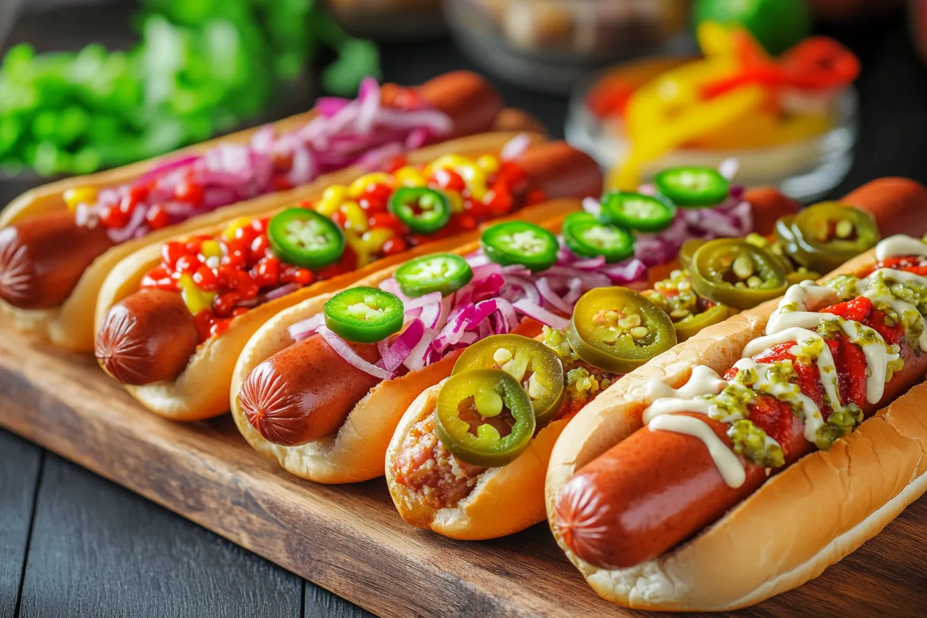 A close-up of gourmet hot dogs with various toppings on a wooden board