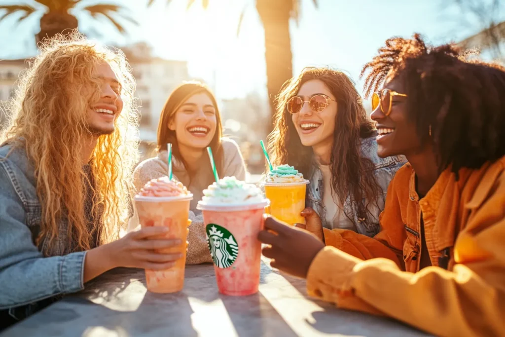 Starbucks customers clinking custom drinks in celebration