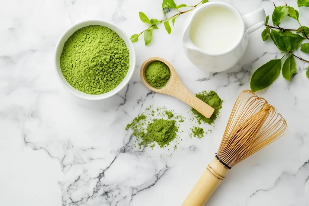 High-quality ceremonial matcha powder with a bamboo whisk