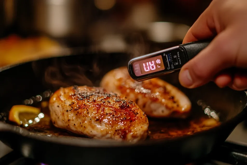 Chicken breast being checked with a meat thermometer