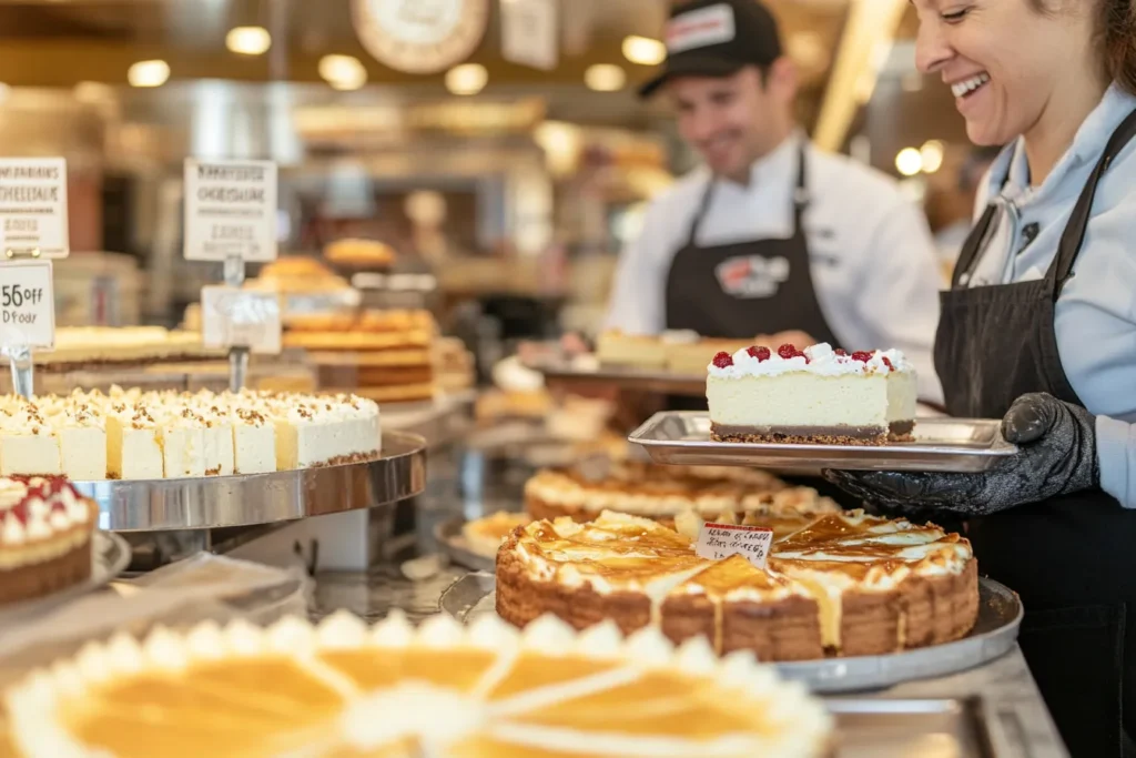 Customers receiving cheesecake slices at a Cheesecake Factory counter