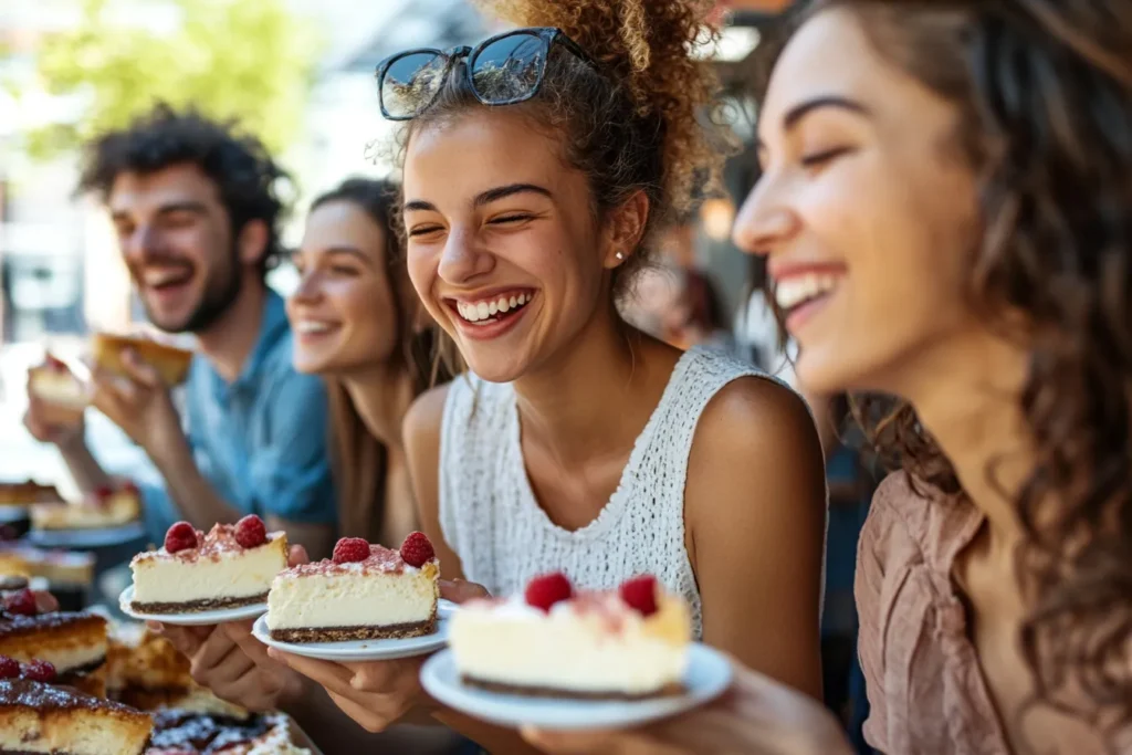 Happy customers eating cheesecake