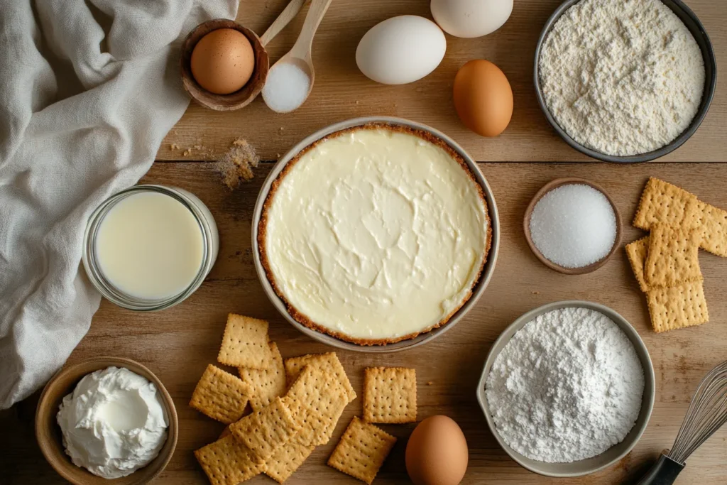 Ingredients for farmer’s cheese cheesecake laid out on a kitchen counter