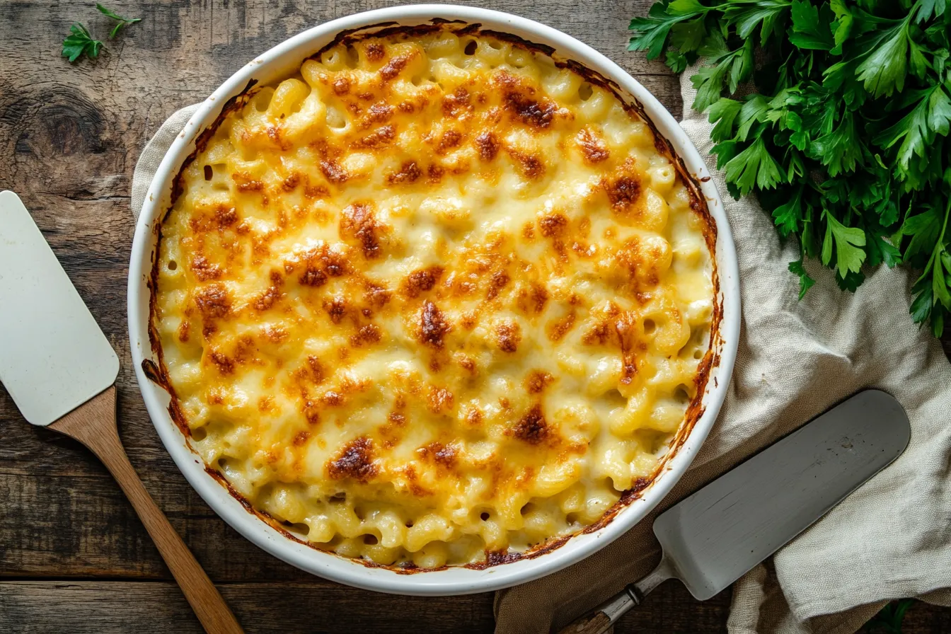 A baked mac and cheese meatloaf casserole in a white dish