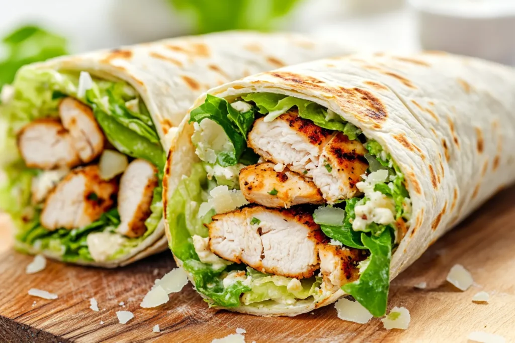 Close-up of a chicken Caesar snack wrap sliced in half