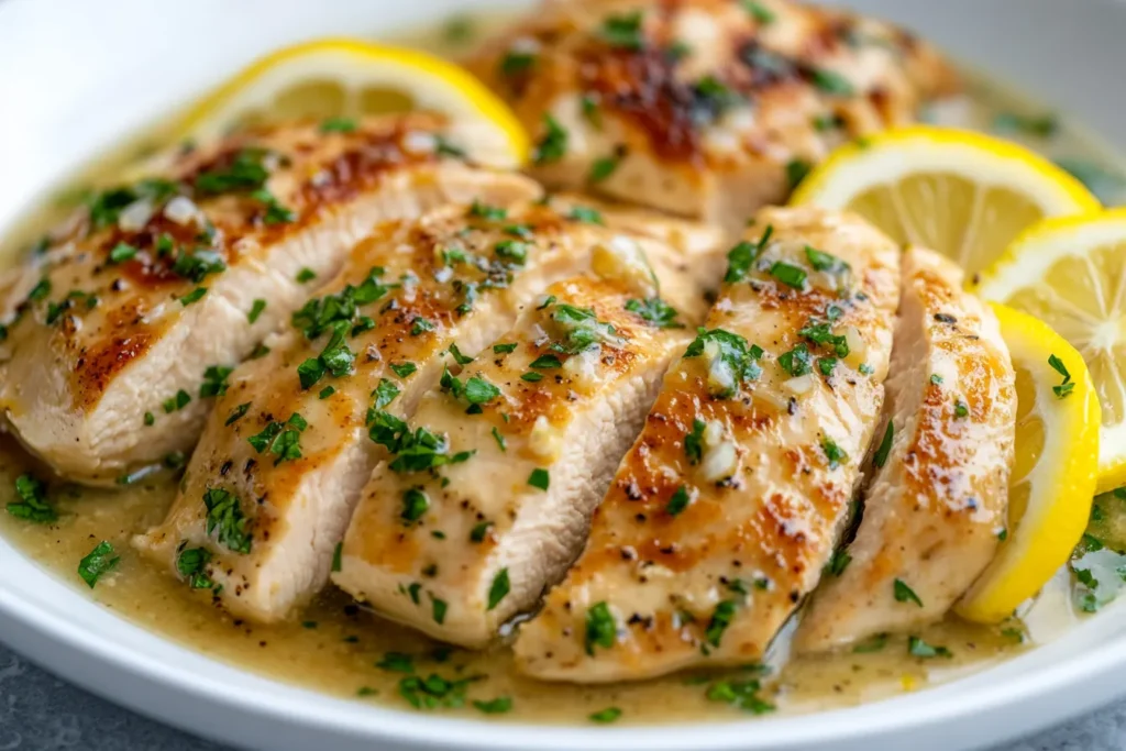 Chicken piccata plated with lemon and parsley