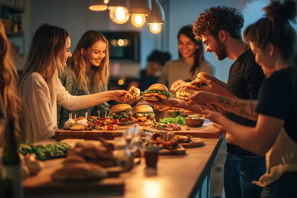 “Friends gathered around a DIY chicken sandwich bar”