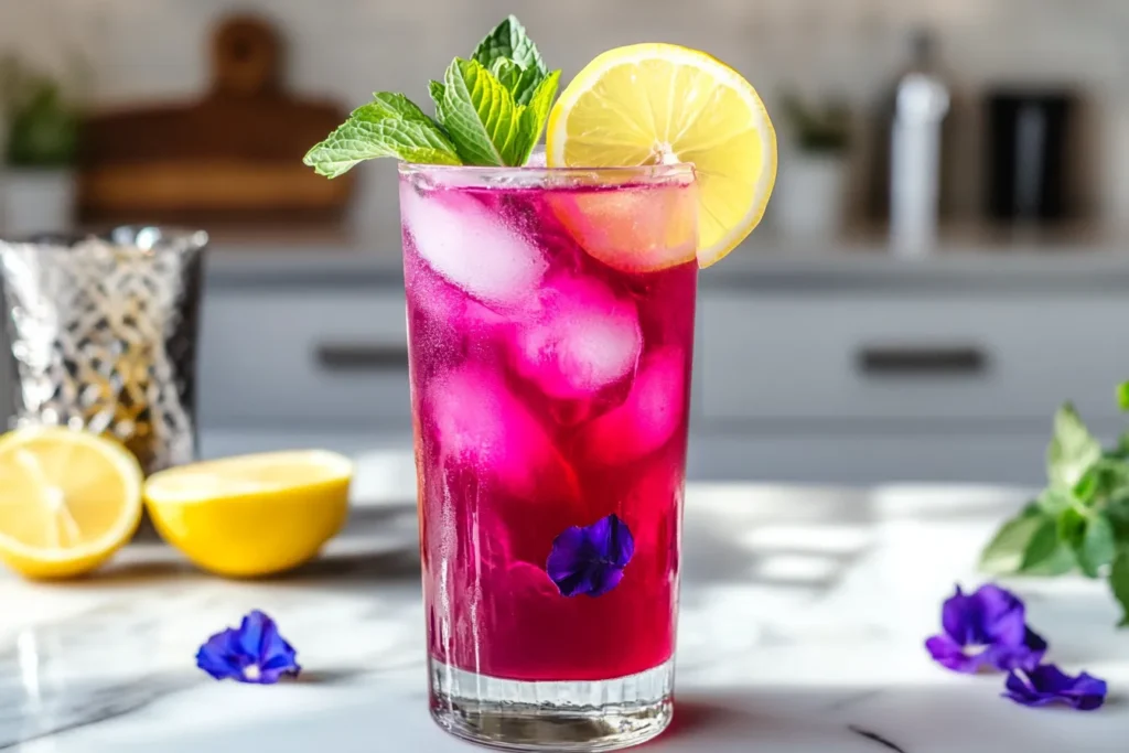 Glass of Brazilian Mounjaro tea with butterfly pea flower served over ice