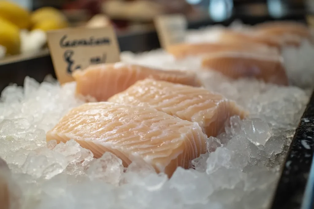 Fresh grouper filets on ice at a seafood market
