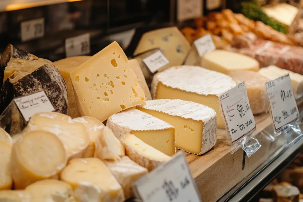 Cheese counter at a deli with labeled hard cheese varieties