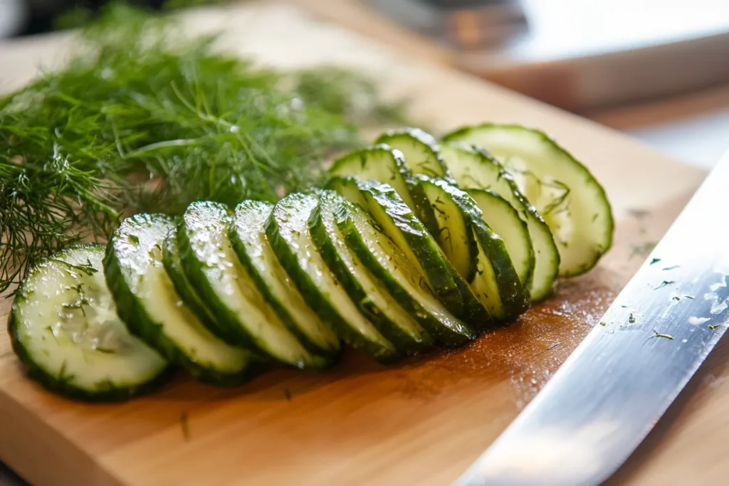 Pickles being chopped for macaroni salad