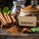 Cinnamon bark with powder and a wellness label