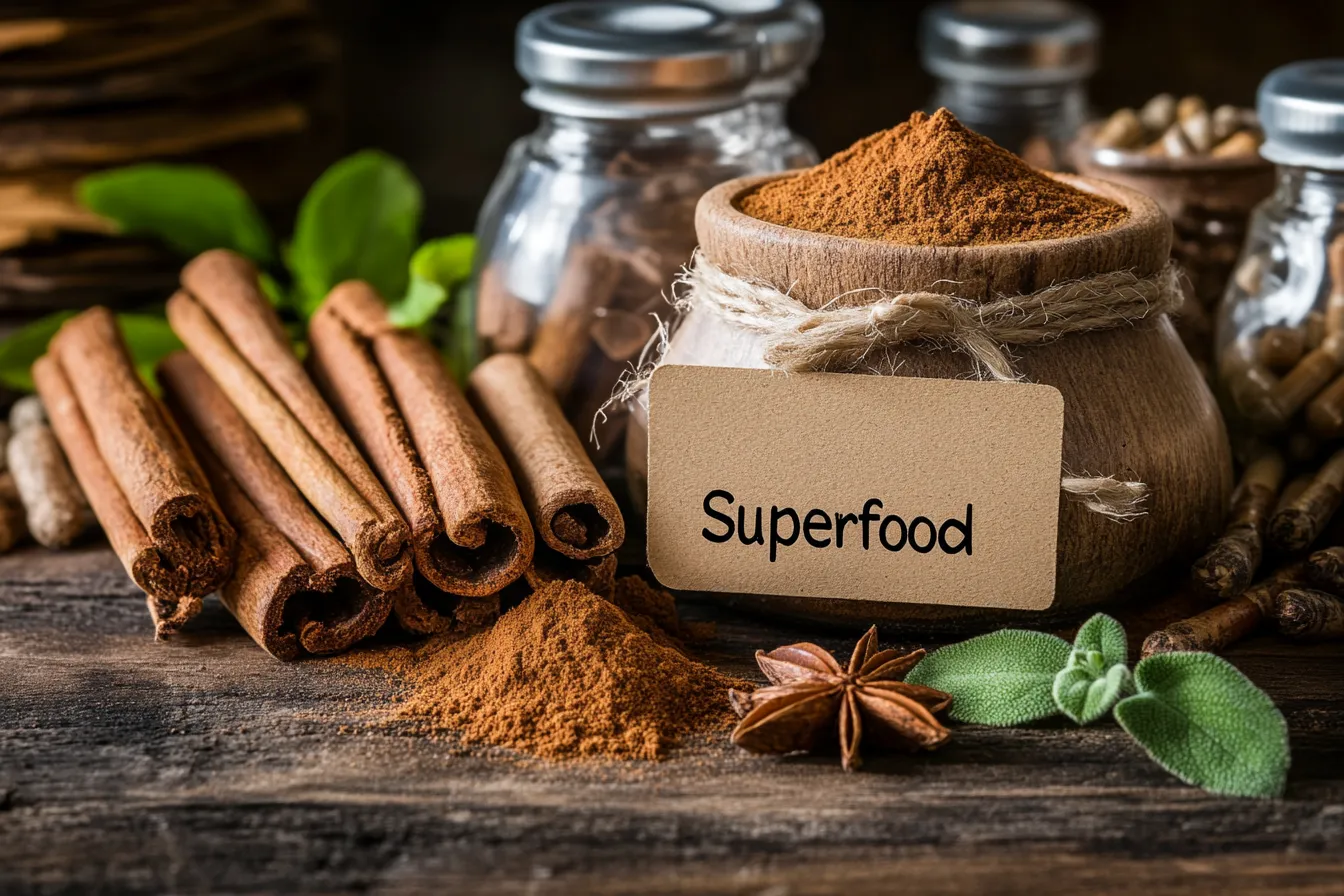 Cinnamon bark with powder and a wellness label