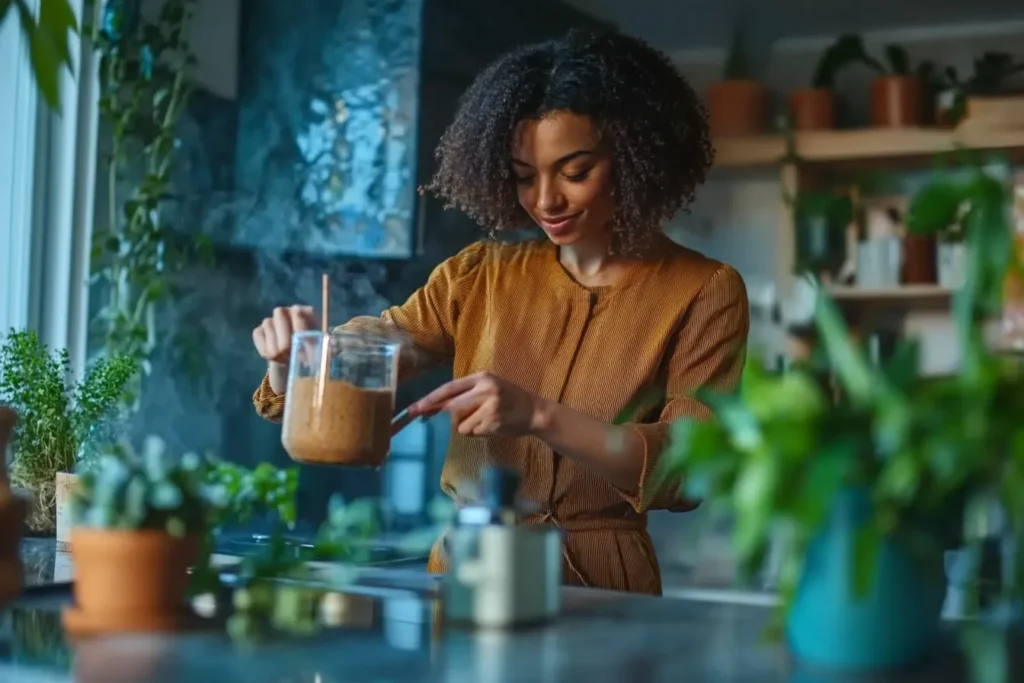 Influencer pouring cinnamon into a smoothie
