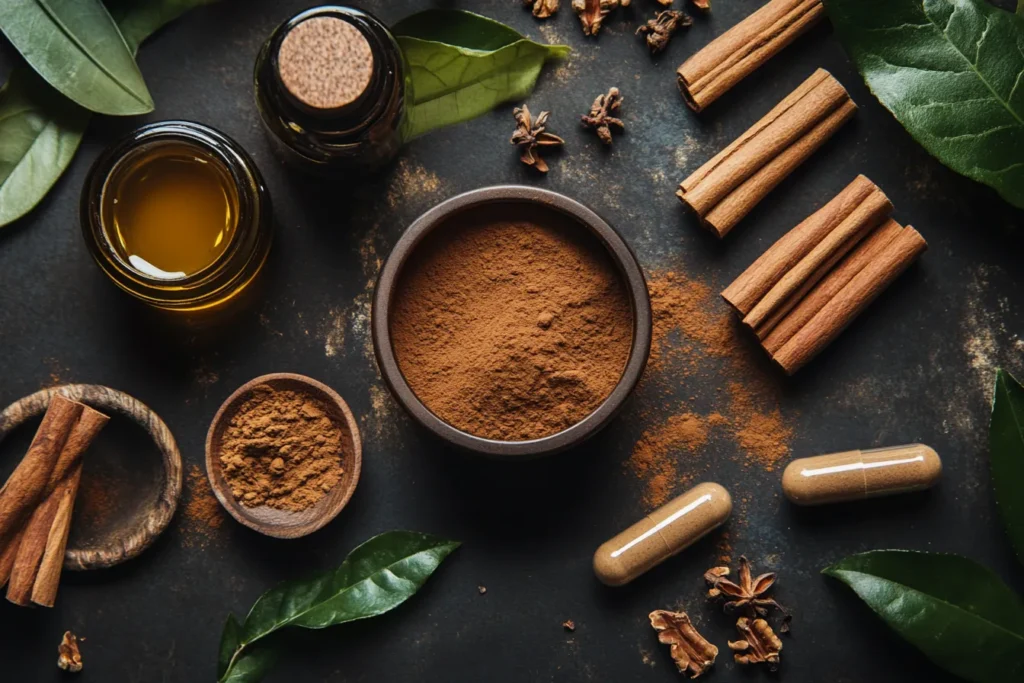 Cinnamon in various uses: food, drink, supplements