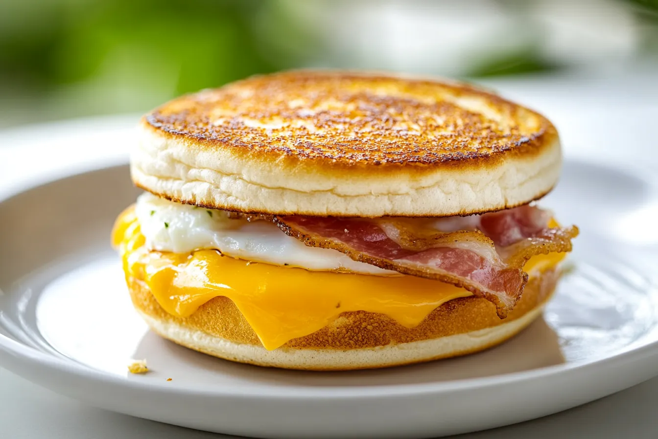 Homemade McMuffin assembled with egg, Canadian bacon, and cheese