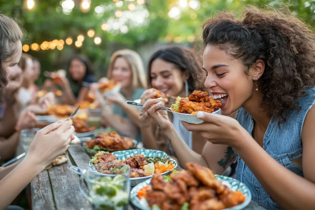 “People enjoying fried chicken at a summer party”