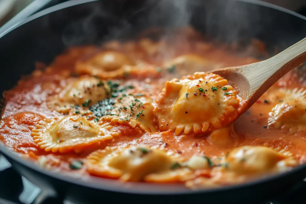 Cooking ravioloni and tomato cream sauce in skillet