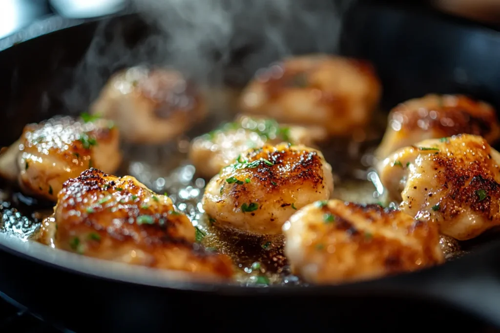 Garlic butter chicken bites cooking in a skillet