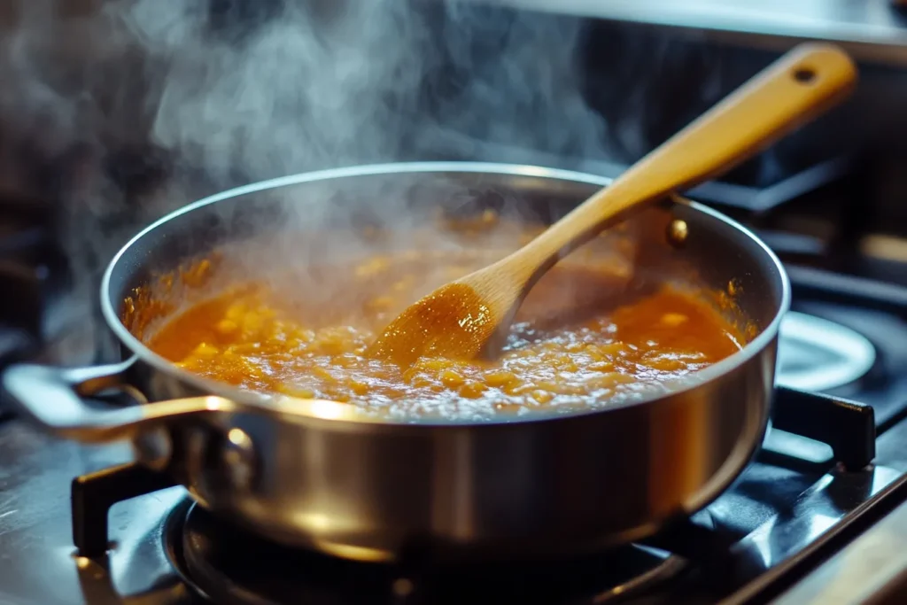 Cooking tiger sauce in a saucepan