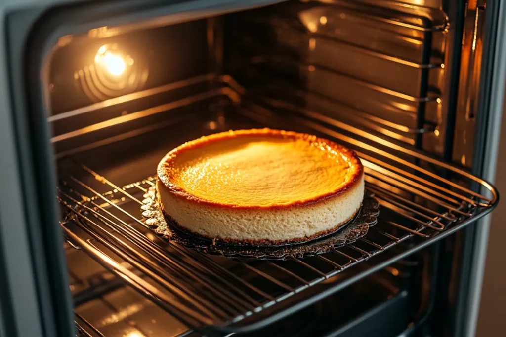 Cheesecake cooling in the oven with the door cracked open