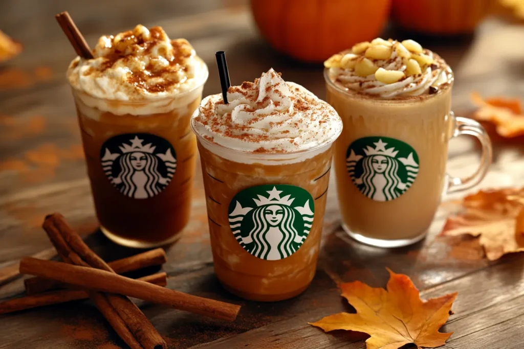 Autumn-themed Starbucks drinks on a table with leaves