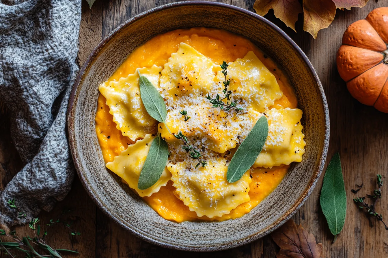 Bowl of butternut squash ravioli topped with creamy sauce and sage