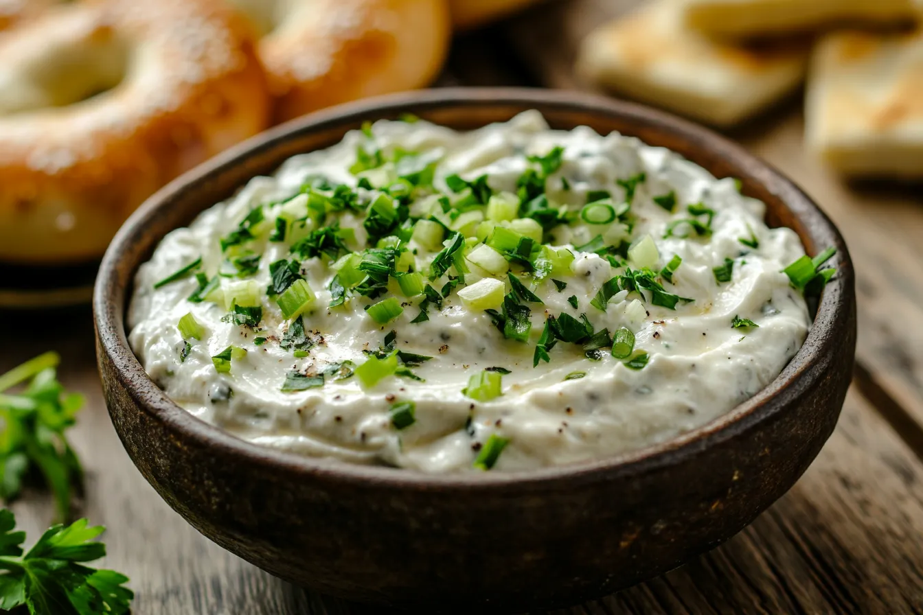 A bowl of freshly made scallion cream cheese with chopped green onions on top