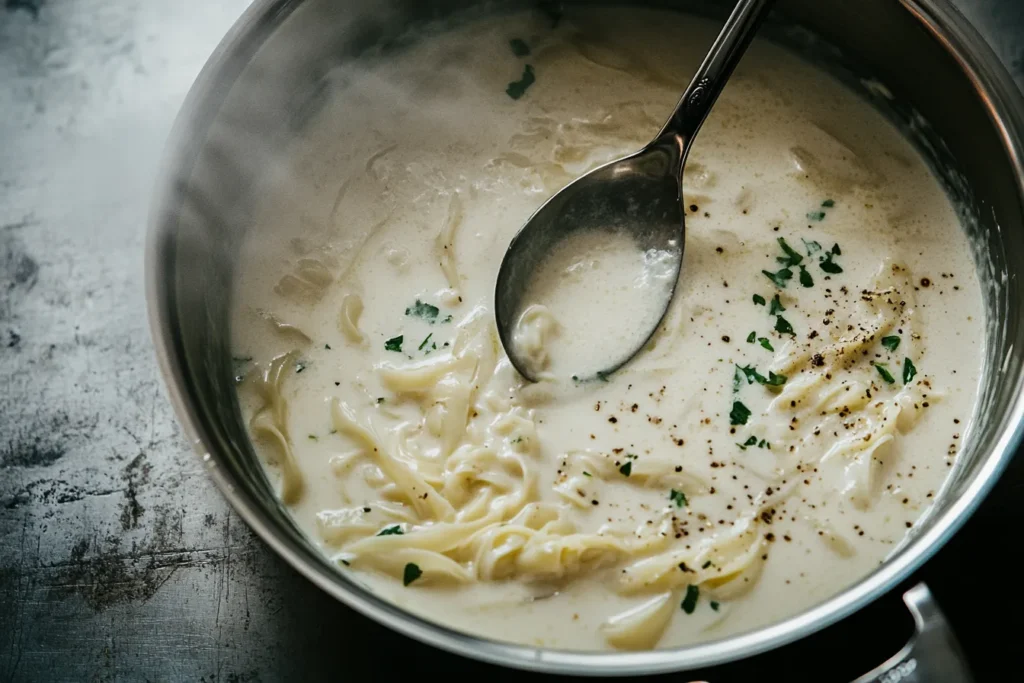 Creamy piccata sauce in a pan with a spoon