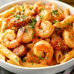 Creamy shrimp pastalaya with penne pasta and fresh herbs