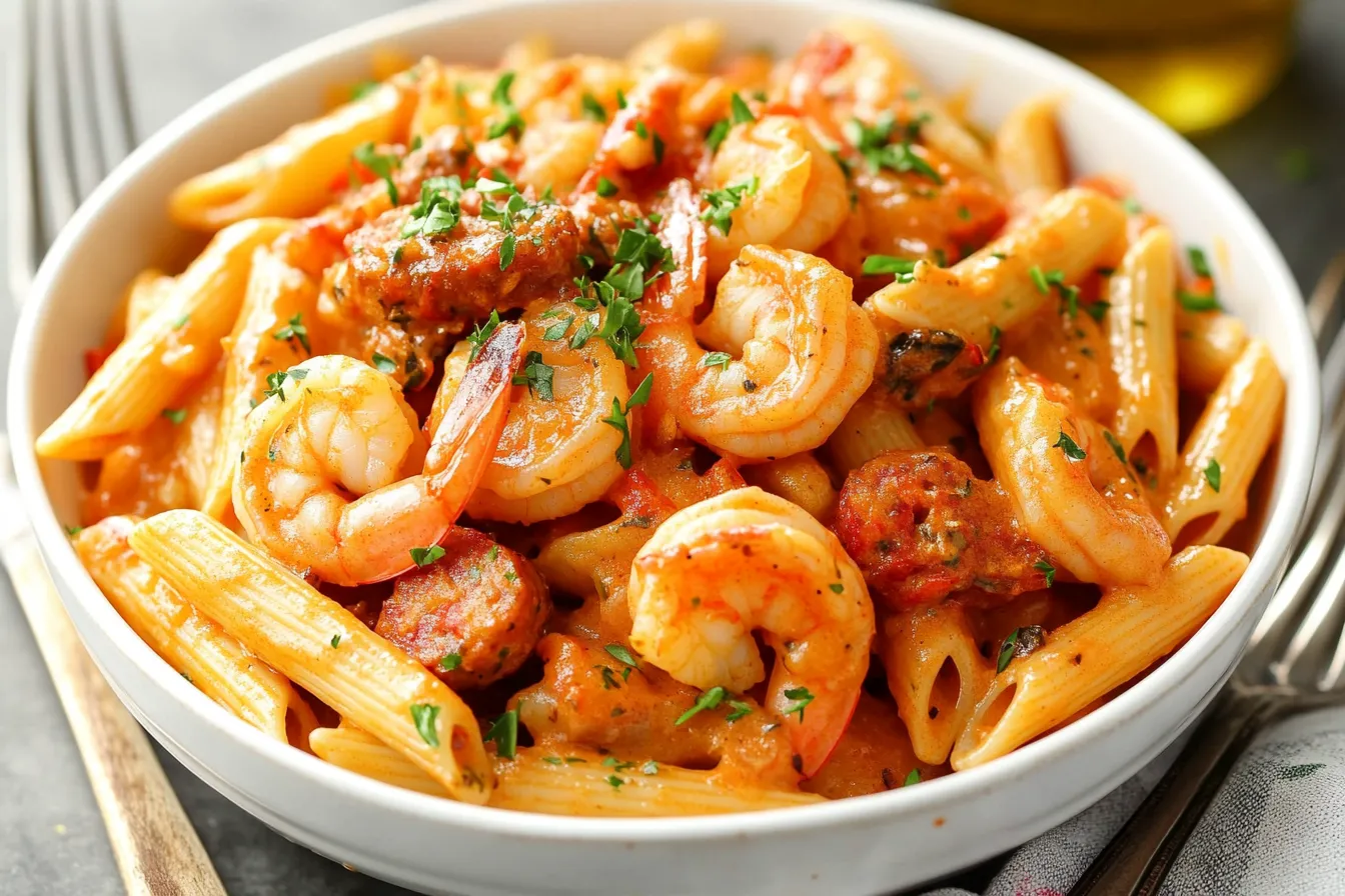 Creamy shrimp pastalaya with penne pasta and fresh herbs