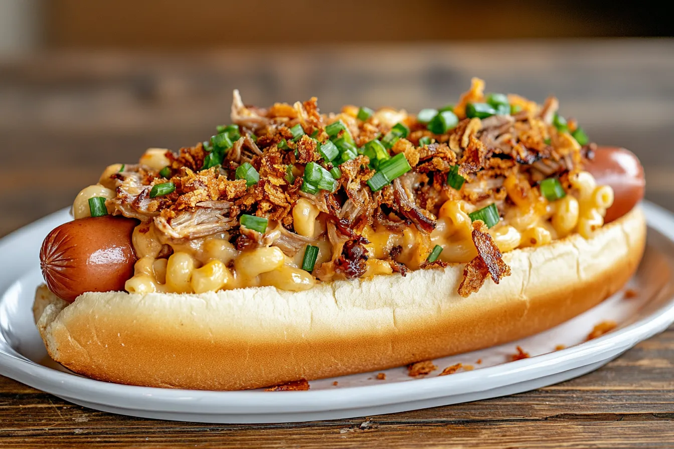 "Gourmet mac and cheese hot dog with unique toppings"
