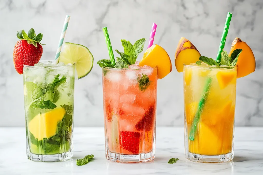 “Colorful mocktails in different flavors and glasses”