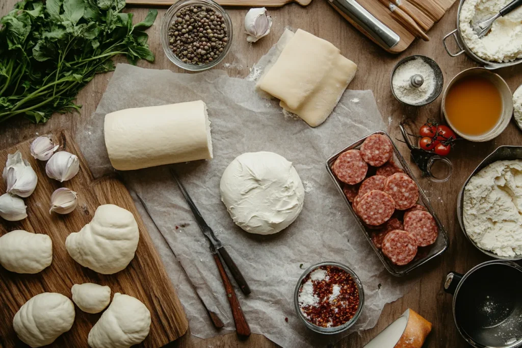 Flat lay of ingredients for sausage cream cheese crescents