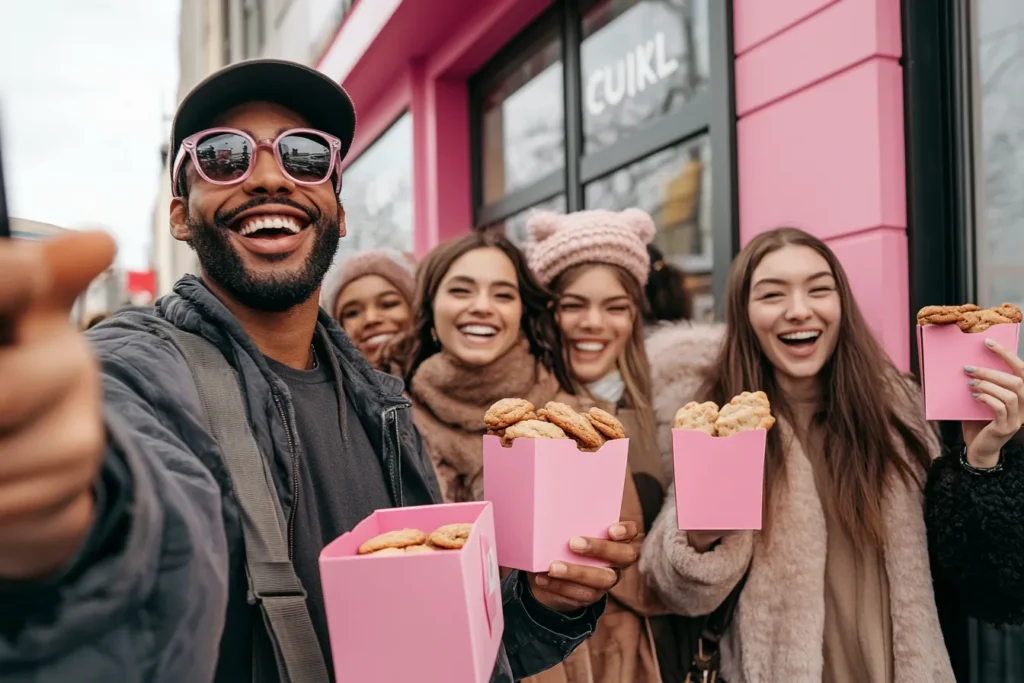 Customers enjoying cookies at a Crumbl store