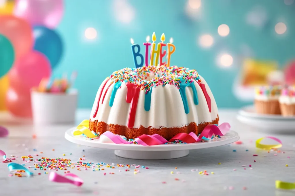 Decorated birthday-themed Bundt cake with ribbon and topper