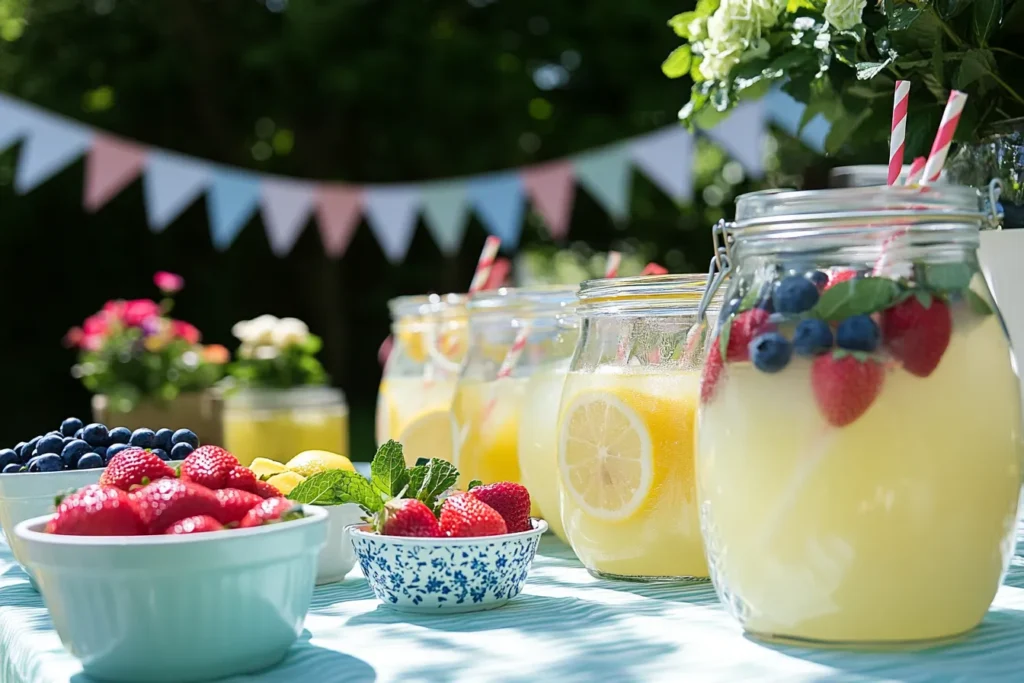 “Lemonade bar setup with fruit add-ins and mason jars”