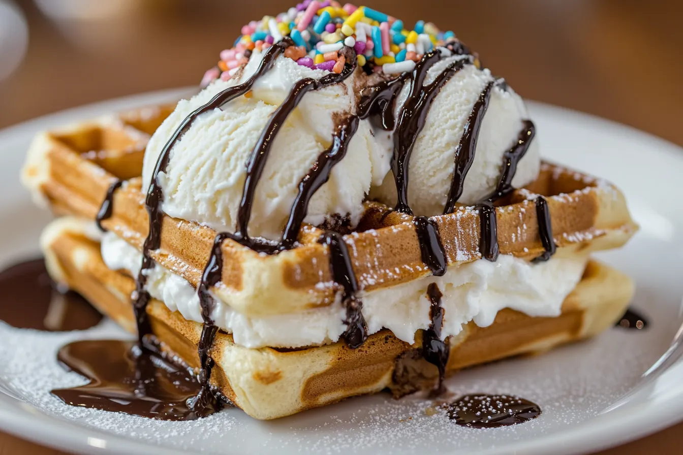 Ice cream waffle sandwich with syrup and whipped cream